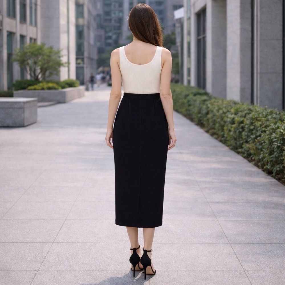 St John Sport Knit Pencil Skirt Black Santana Knit Size 4 USA Vintage Front Slit - Picture 7 of 8